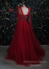 Red Velvet Semi Formal Prom Dress Tulle Evening Gowns